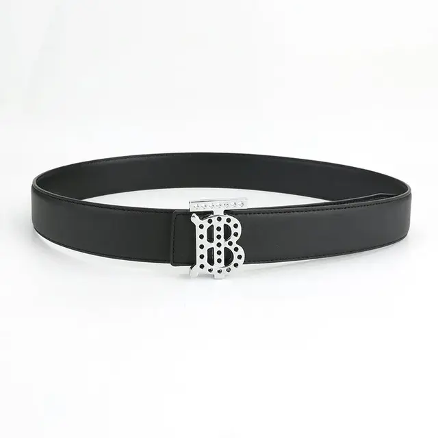 Burberry Perforated TB Buckle Leather Belt Black Silver