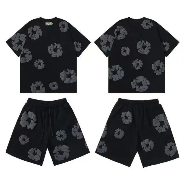 Denim Tears Cotton Wreath T-Shirt and Shorts Set Black Grey