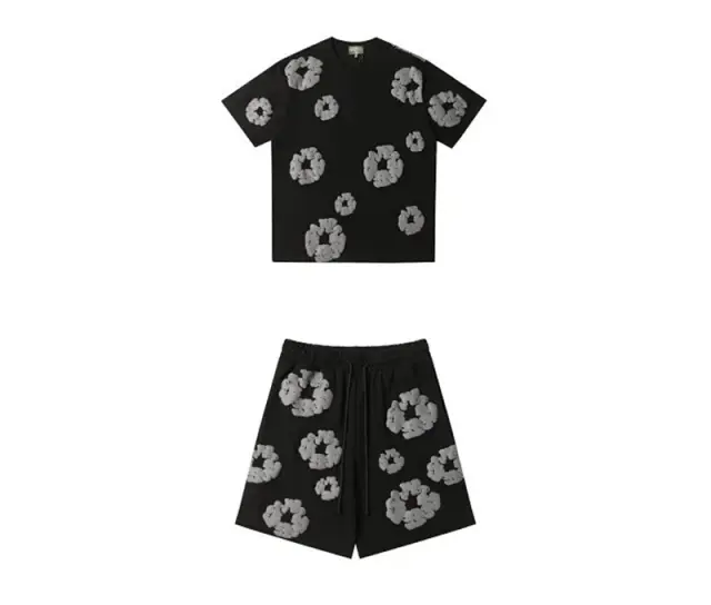 Denim Tears Cotton Wreath T-Shirt and Shorts Set Black Grey