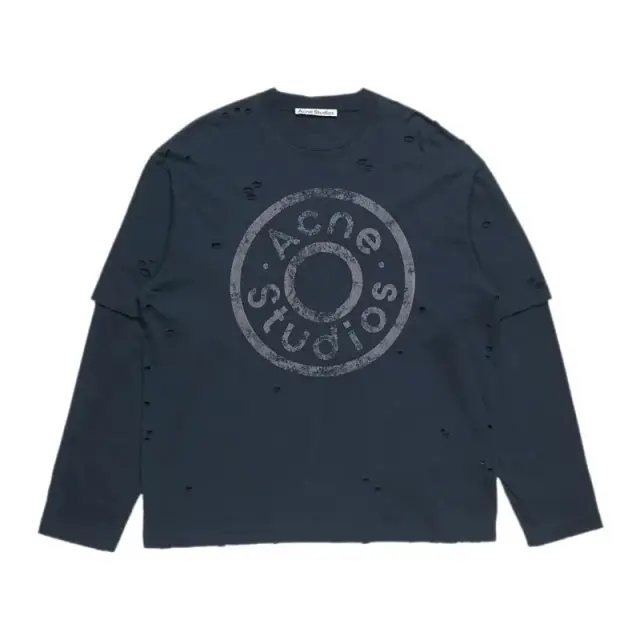 Acne Studios Distressed Circular Logo Long Sleeve T-Shirt Navy