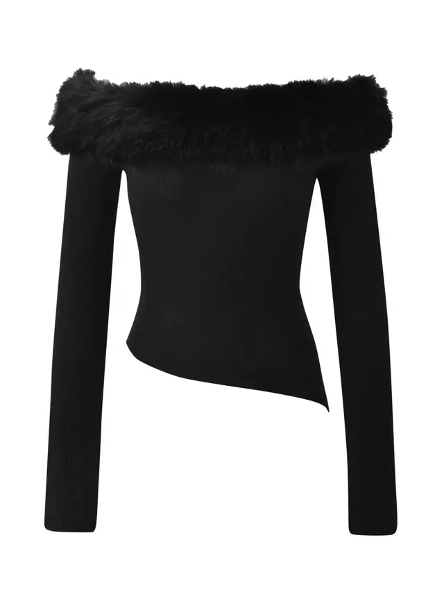 Faux Fur Trim Off Shoulder Asymmetric Knit Tops