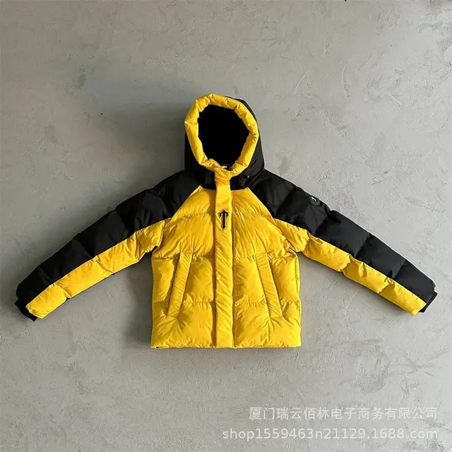 Yellow and Black Colorblock Embroidered Puffer Jacket