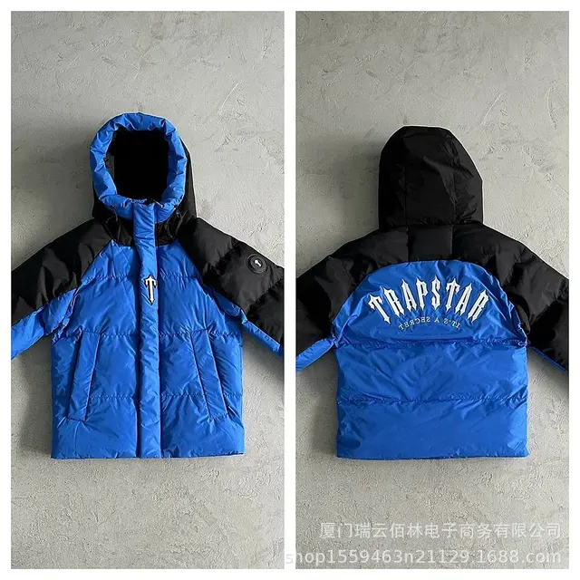 Black and Blue Colorblock Embroidered Puffer Jacket