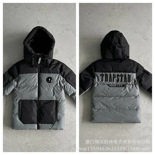 Black Grey Colorblock Embroidered Puffer Jacket