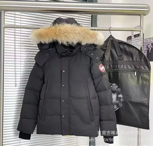 Black down jacket with a red label