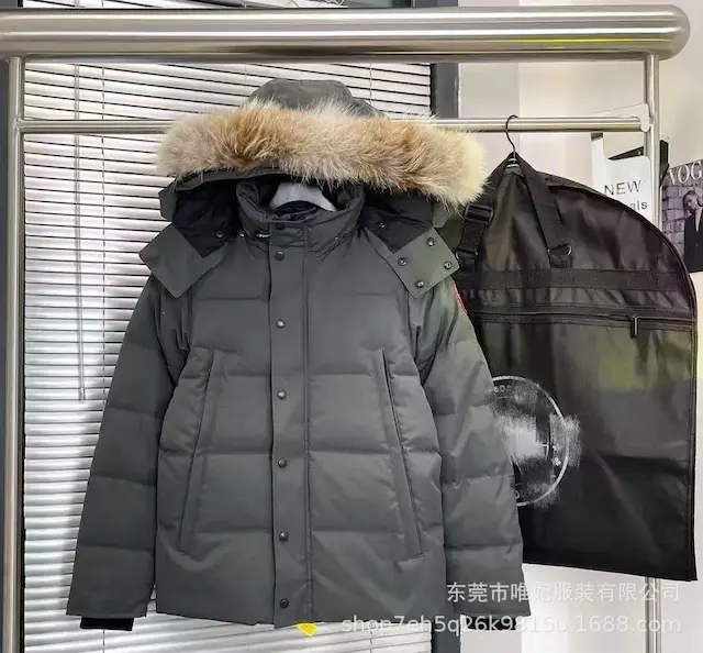Gray and red label down jacket with a strap