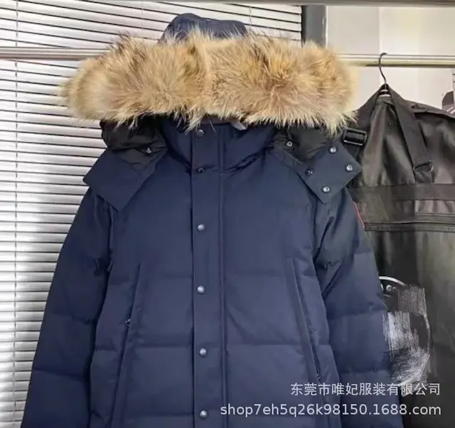Navy blue down jacket with a red label